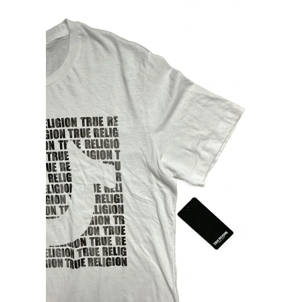 NWT True‎ Religion Brand Script All Over Silver Foil Graphic White Shirt Size L